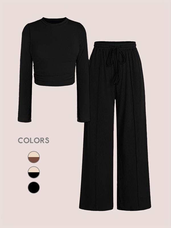 Two-Piece Set Women's Solid Color Ruched Tee & Drawstring Waist Pants, Casual Round Neck Long Sleeve Top & Wide Leg Trousers for Daily Wear, Ladies Two-piece Outfits for All Seasons