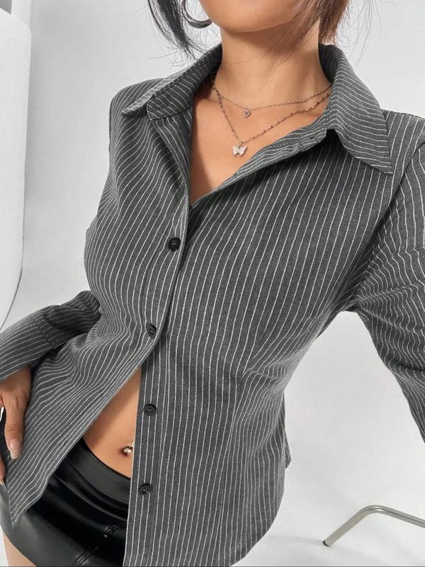 Women's Striped Print Button Front Split Sleeve Shirt, Elegant Curved Hem Long Sleeve Collared Top for Spring & Fall, Ladies Clothes for Daily Wear Blouse