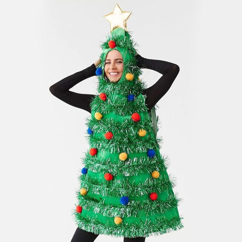 Christmas Tree Costume Sleeveless Hood Tops Red Plush Ball Tinsel Adult Cosplay Party Prop