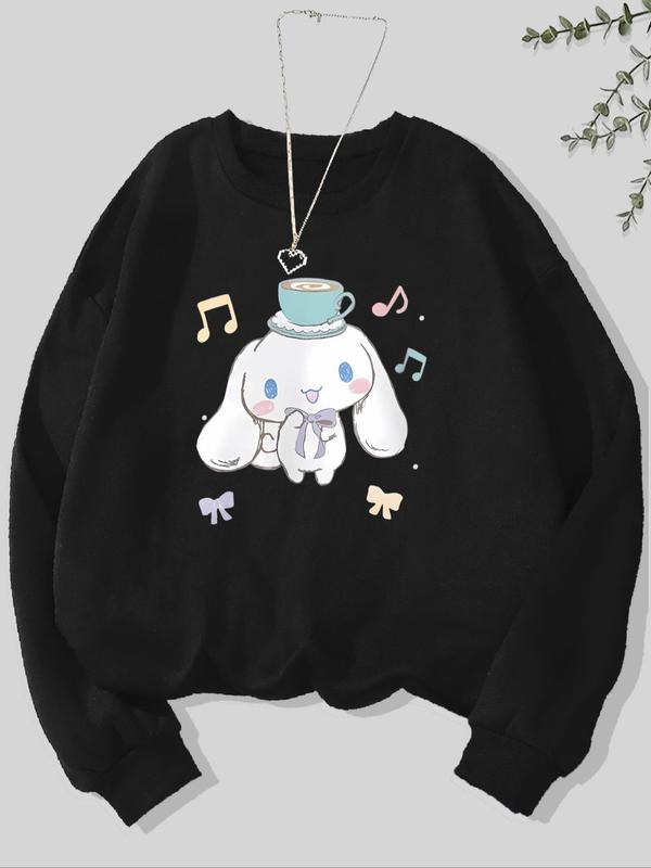 Women's Cartoon Print Drop Shoulder Sweatshirt, Casual Long Sleeve Round Neck Pullover for Fall & Winter, Ladies Clothes for Daily Wear