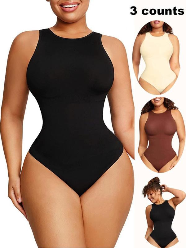 Women's Solid Round Neck Shapewear Bodysuit, Stretchy Shaper Clothes, Tummy Control Shapewear Bodysuit, Waist Trainer Women, Summer Wear 2024, Women's Shapewear