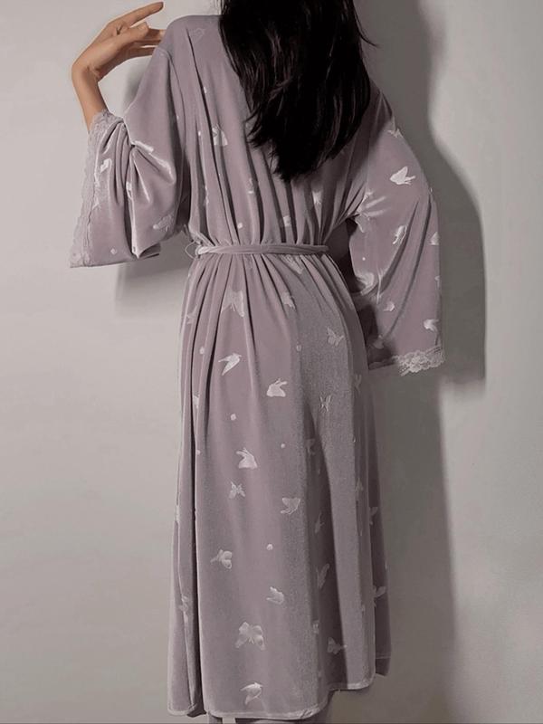 Women's Butterfly Print Contrast Lace Belted Velvet Robe, Casual Long Sleeve Dressing Gown, Ladies Sleepwear for Fall & Winter