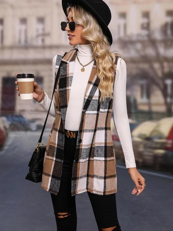 Women's Plaid Print Button Front Vest Jacket, Casual Lapel Sleeveless Outerwear for Spring & Fall, Ladies Clothes for Daily Wear