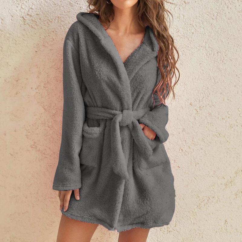 2024 Hot Sale Fall Winter Hooded Home Casual Plush Pajamas Pure Color Warm Keeping Bathrobe Women Womenswear Gowns Womenswear Gowns