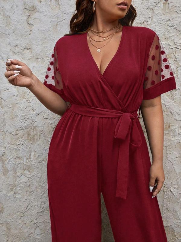 Plus Size Contrast Polka Dot Mesh Belted Wrap V Neck Wide Leg Jumpsuit, Casual Short Sleeve Jumpsuit for Summer, Women's Plus Clothing for Daily Wear