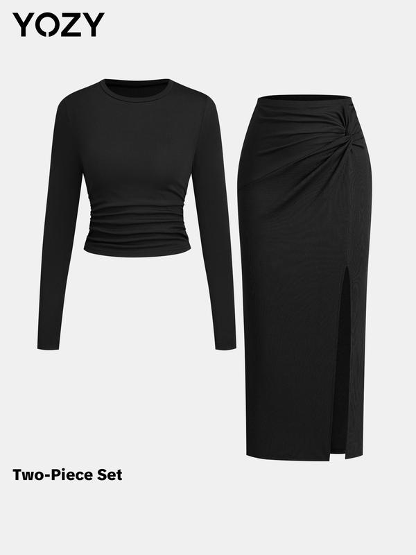 YOZY Black Friday Deals 2-Piece Sets Solid Ruched Crop Top & Twist Split Skirt   Long Sleeve Round Neck Top, 2024 Women's Daily Wear for Fall & Winter, Christmas 2024 Trend, Thanksgiving Outfits, Fall Outfits, Winter Outfits