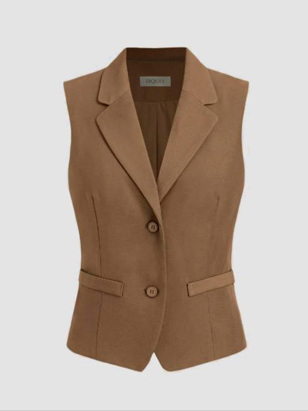 Women's Solid Button Front Pocket Vest Blazer, Casual Collared Sleeveless Outerwear for Work Office Business, Ladies Clothes for All Seasons