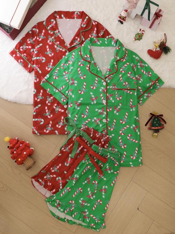 Two-Piece Set Women's Christmas Themed Contrast Binding Lapel Neck Pajama, Short Sleeve Button Front Shirt & Shorts PJ Set, Ladies Sleepwear for All Seasons