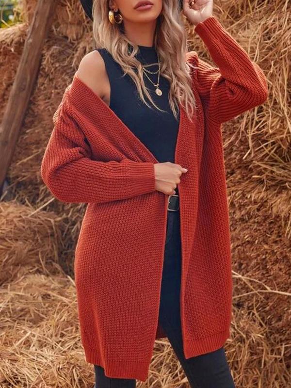 Women's Solid Color Raglan Sleeve Open Front Cardigan, Casual Long Sleeve Knitwear for Fall & Winter, Women's Knit Clothing for Daily Wear