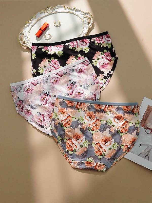 Plus Size Contrast Floral Print Knicker, Casual High Rise Panties Set, Underwear for Women, Panties for Women, Plus Size Women's Underwear