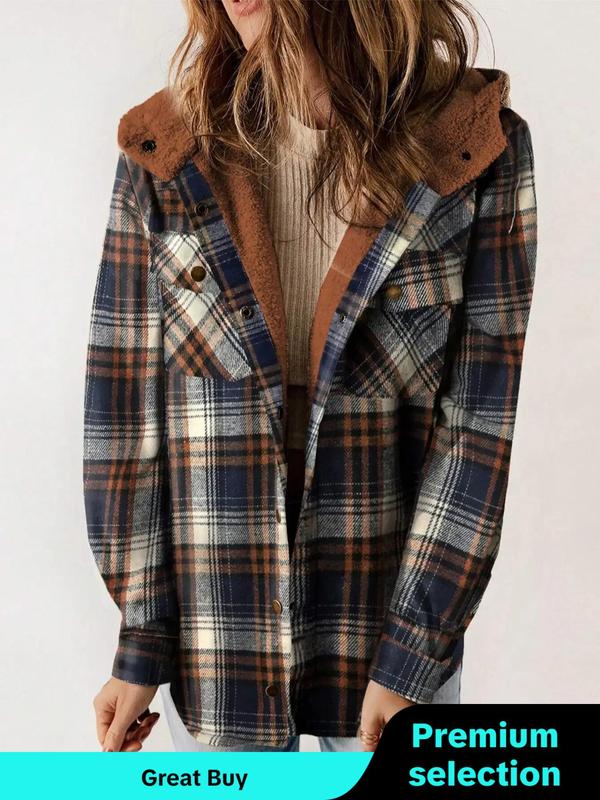 Women's Plaid Print Button Front Hooded Coat, Casual Long Sleeve Pocket Outerwear for Fall & Winter, Women's Clothing for Daily Wear