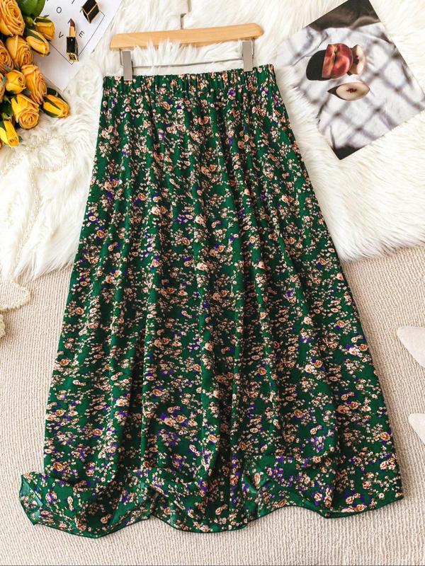  Ditsy Floral Print Elastic Waist Flared Vintage Skirt, Bohemian High Waist Long A-line Skirt for Daily Holiday Vacation Wear, Summer Outfits 2024,  Plus Size Fall Clothing