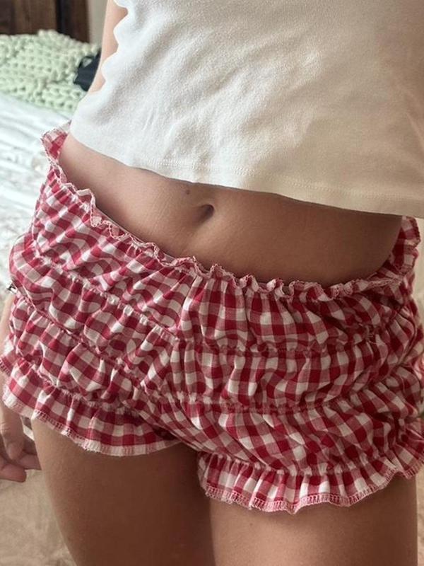 Women's Gingham Print Frill Trim Drop Waist Shorts, Casual Comfy Breathable Shorts for Daily Wear, Ladies Bottoms for Summer