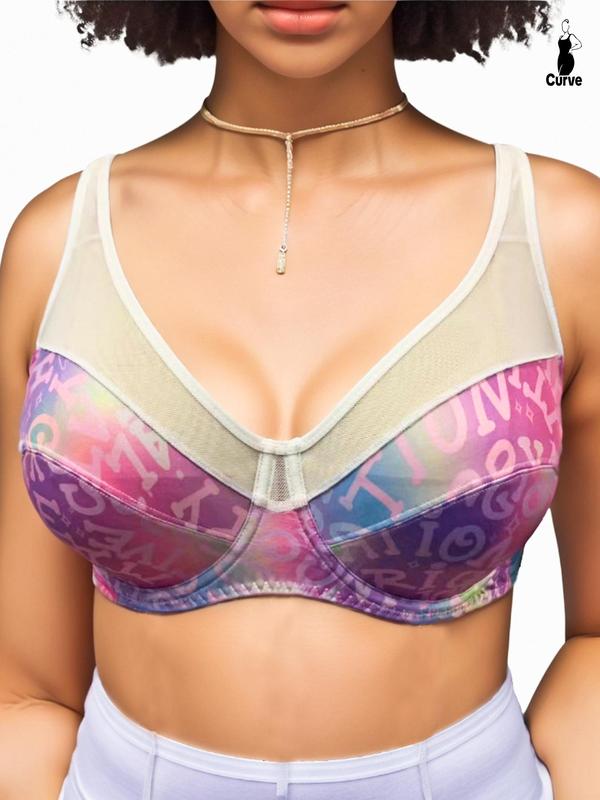 Plus Size Galaxy Letter Print Push Up Bra, Casual Contrast Mesh Sheer Underwire Lingerie Top, Women's Underwear for Daily Wear