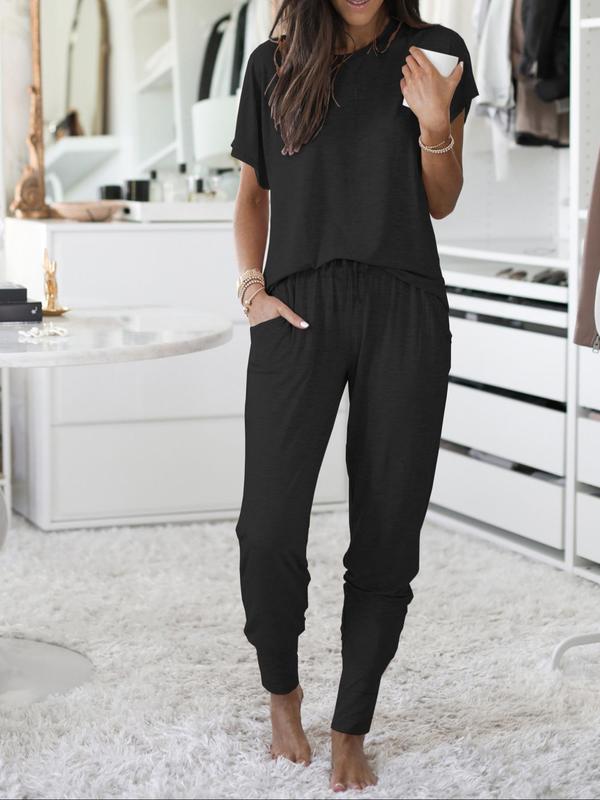 Women's Plain Round Neck Tee & Drawstring Waist Pants Pajama Set, Basic Crew Neck Short Sleeve T-shirt & Trousers Comfort Pajamas Set for Homewear, Two Piece Set, Pajama Sets Women, Casual Comfy Pyjama Set, Lady Sleepwear for Summer Black Girl Wear