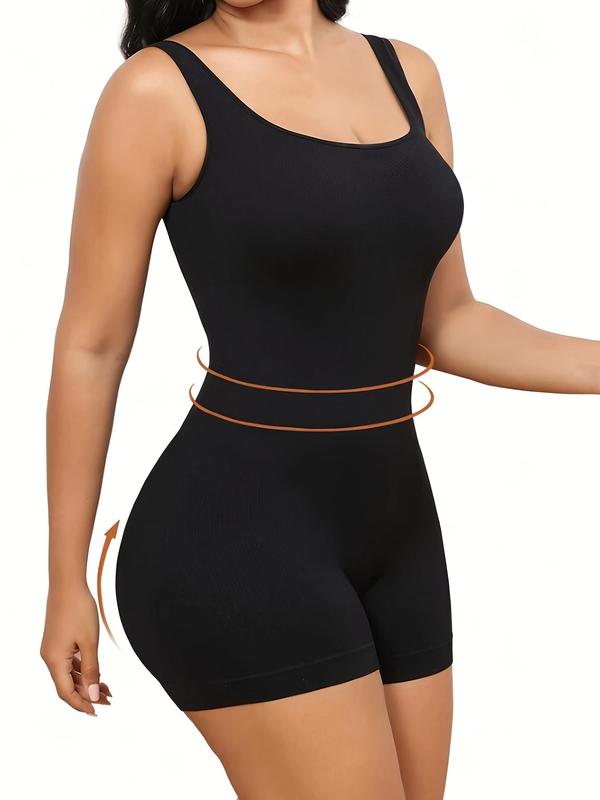 Women's Plain Ribbed Scoop Neck Sleeveless Shapewear Romper, Summer Clothes Women, Solid Body Contouring One Piece Bodysuit, Slimming Underwear for Lady, Back To School Clothes, Comfort Basic Versatile Women's Shapewear for Fall