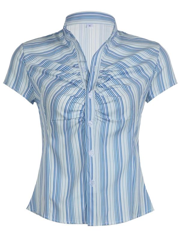 Women's Striped Print Ruched Button Front Blouse, Casual Cap Sleeve Collared Top for Fall & Winter, Women's Clothes for Daily Wear