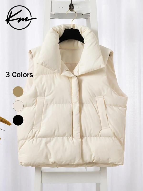 Women's Solid Zip Up Puffer Vest Coat, Mock Neck Zipper Drawstring Outerwear for Fall & Winter, Lady Comfort Basic Womenswear for Daily Wear, Sleeveless