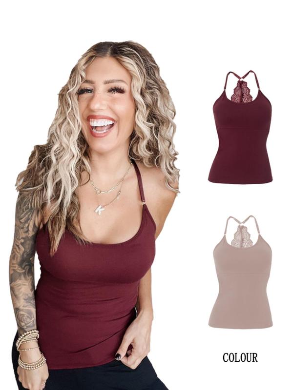 Two-piece Set Pack Women's Contrast Lace Backless Cami Top, Casual Sleeveless Spaghetti Strap Top for Daily Wear, Ladies Clothes for All Seasons