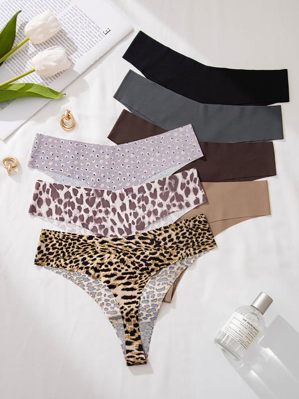 Women's Solid Leopard Print Seamless Thongs, Casual Soft Comfy Breathable Knicker, Summer Wear 2024, Underwear for All Seasons Daily Wear