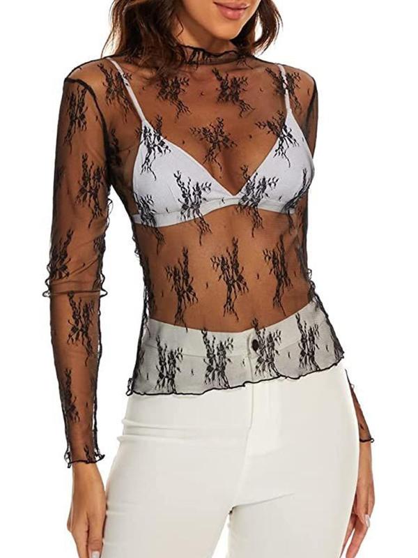 Women's Floral Lace Semi-sheer Top, Elegant Long Sleeve Top for Beach Vacation Holiday, Ladies Clothes for All Seasons