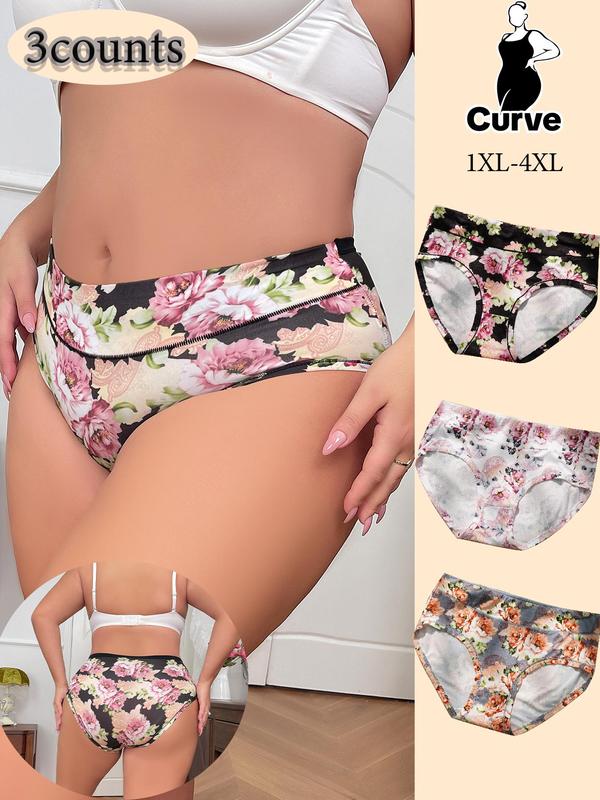 Plus Size Contrast Floral Print Knicker, Casual High Rise Panties Set, Underwear for Women, Panties for Women, Plus Size Women's Underwear