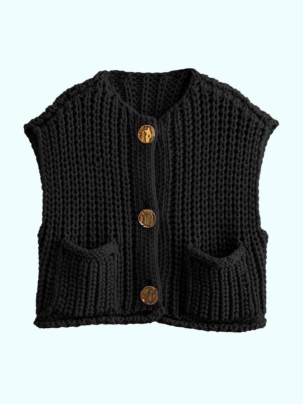 Women's Plain Button Front Pocket Sleeveless Cardigan, Casual Round Neck Sweater Vest for Spring & Fall, Fashion Women's Knit Clothing for Daily Wear Vintage Clothes, Preppy 80s Clothes