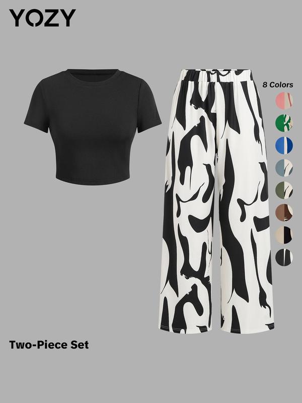 YOZY Black Friday Deals, Solid Crop Top & All Over Print Pants Set, Casual Round Neck Tee & Loose Pocket Trousers, 2024 Women's Wear for Spring & Summer & Fall, [XS-XXL],Christmas 2024 Trend, Thanksgiving Outfits, Fall Outfits, Winter Outfits