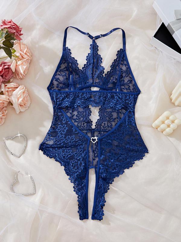 Women's Floral Lace Scallop Trim Cut Out Sheer Crotchless Sexy Lingerie Wear, Lingerie for Women, Bow Front Rhinestone Heart Decor Sleeveless Bodysuit, Ladies Summer Clothes, Women Sexy Lingerie, Summer Comfort,  Bodysuits for Women Basic