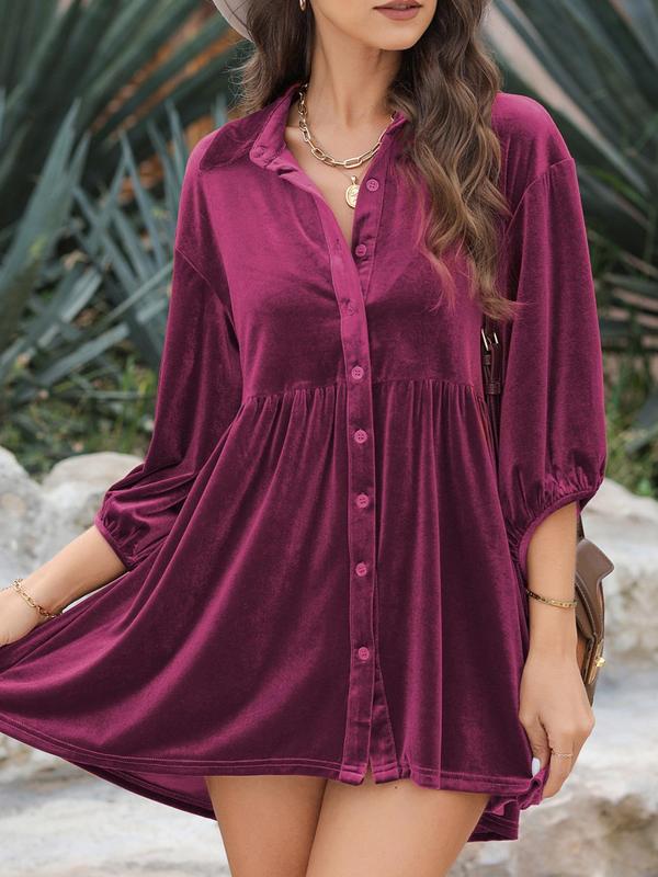 Women's Velvet Button Front Smock Dress, Casual Bishop Sleeve Collared Short Dress for Fall, Women's Clothing for Daily Wear  Moo Moo Dresses