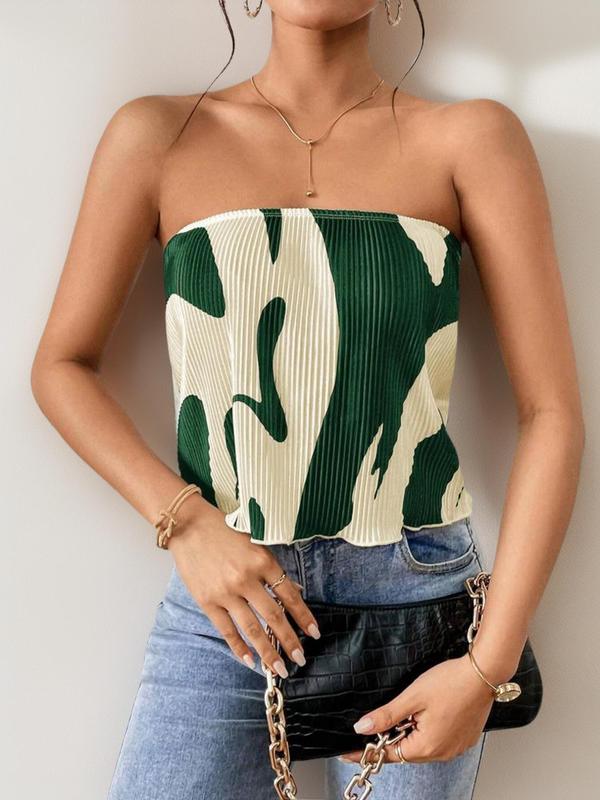 Women's Graphic Print Pleated Tube Top, Elegant Fashion Casual Sleeveless Top for Daily Outdoor Wear, Summer Outfits, Ladies Clothes for All Seasons