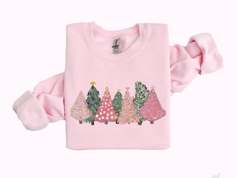 Matching Mama and Mini Christmas Trees Sweatshirt in Pink - Christmas Holiday Shirts for Mommy and Kids - Clothing, Womenswear