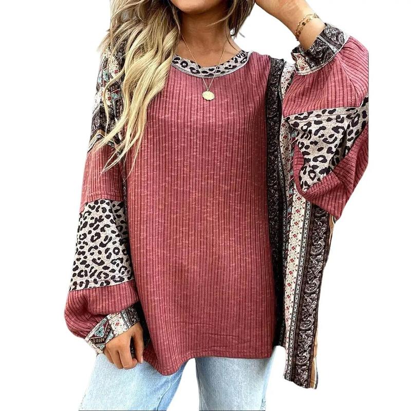 Womens Long Sleeve Oversized Retro Leopard Contrast Patchwork Top