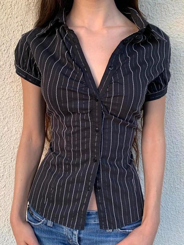 Women's Striped Print Button Front Blouse, Casual Short Sleeve Collar Shirt for Summer, Ladies Clothes for Daily Wear