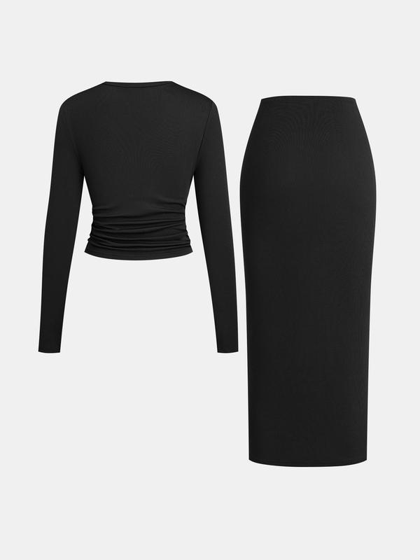 YOZY Black Friday Deals 2-Piece Sets Solid Ruched Crop Top & Twist Split Skirt   Long Sleeve Round Neck Top, 2024 Women's Daily Wear for Fall & Winter, Christmas 2024 Trend, Thanksgiving Outfits, Fall Outfits, Winter Outfits