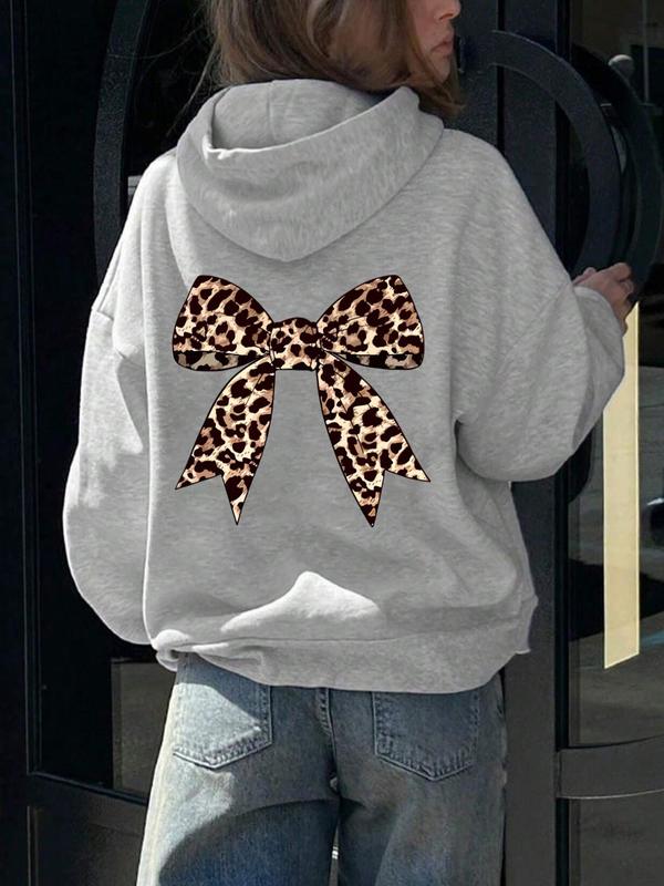 Women's Leopard  Bowknot Print  Thermal Lined Hoodie, Fashion Casual Drawstring Pocket Hooded Sweatshirt for Daily Holiday Outdoor Wear, Women Clothing for Fall & Winter