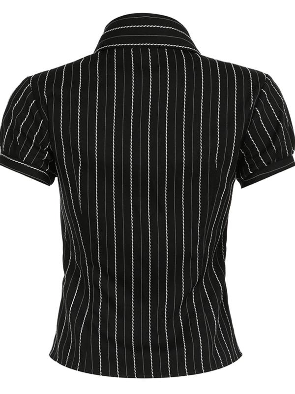 Women's Striped Print Button Front Blouse, Casual Short Sleeve Collar Shirt for Summer, Ladies Clothes for Daily Wear