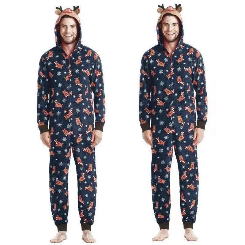 Elk Print Jumpsuit Christmas Pajamas For Family, Elk Print Hooded Long Sleeve Jumpsuit with Zipper for Woman, Man, Kid, Baby