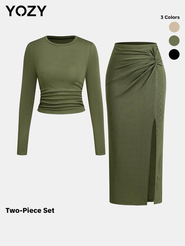 YOZY Black Friday Deals 2-Piece Sets Solid Ruched Crop Top & Twist Split Skirt   Long Sleeve Round Neck Top, 2024 Women's Daily Wear for Fall & Winter, Christmas 2024 Trend, Thanksgiving Outfits, Fall Outfits, Winter Outfits