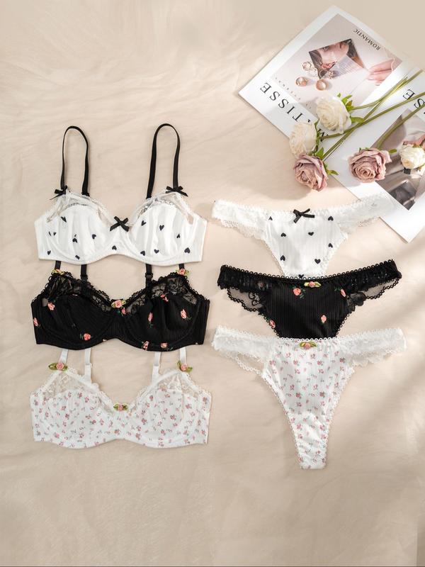 Womenswear Floral & Heart Print Bow Decor Lingerie Set, Comfort Soft Contrast Lace Underwire Bra & Panty Set, Women Underwear Set, Comfy Breathable Underwear Set for Women