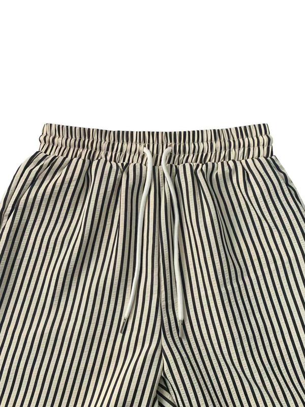 Women's Striped Print Drawstring Waist Wide Leg Pants, Casual Pocket Trousers for Summer, Women's Bottoms for Daily Wear