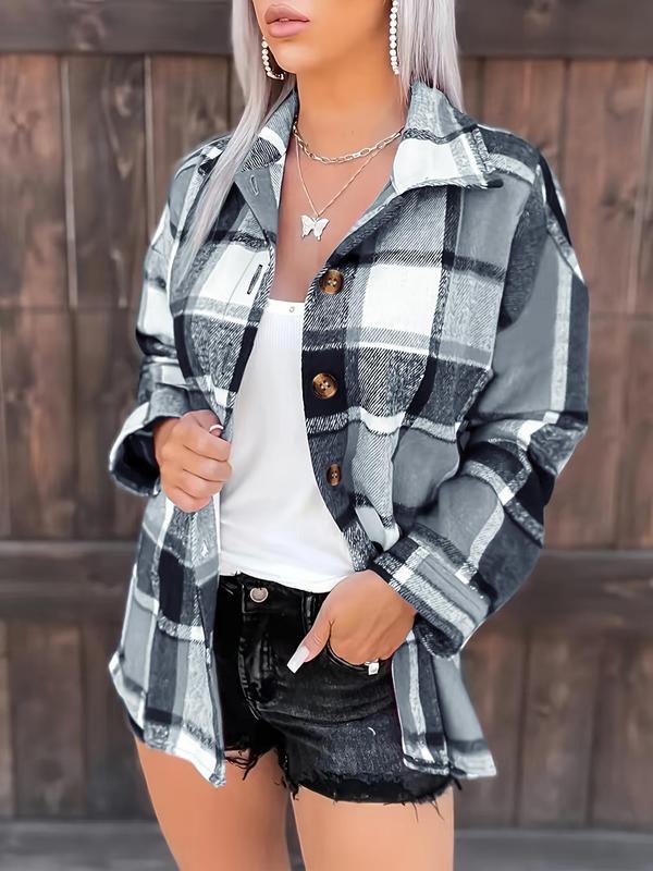 Women's Plaid Print Button Front Blouse, Casual Long Sleeve Collared Top for Spring & Fall, Women's Clothes for Daily Wear, Fall Outfits 2024 Basic Tops