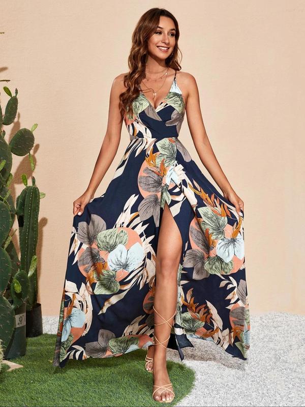 Women's Floral Backless Split Thigh Wrap Vintage Dress, Summer Clothes, Back To School Outfits, Lady Casual Boho Sleeveless Spaghetti Strap Long Sundress, Casual Summer Outfits 2024