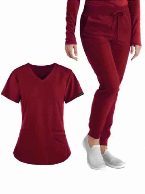 Two-Piece Set Women's Solid V Neck Short Sleeve Tee & Drawstring Waist Pants, Casual Pocket Top & Trousers for Summer, Women's Clothes