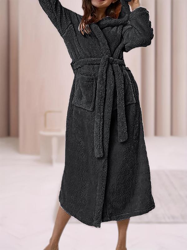  Solid Belted Wrap Coral Fleece Lounge Robe, Casual Long Sleeve Pocket Lounge Robe, Women's Sleepwear for Fall & Winter