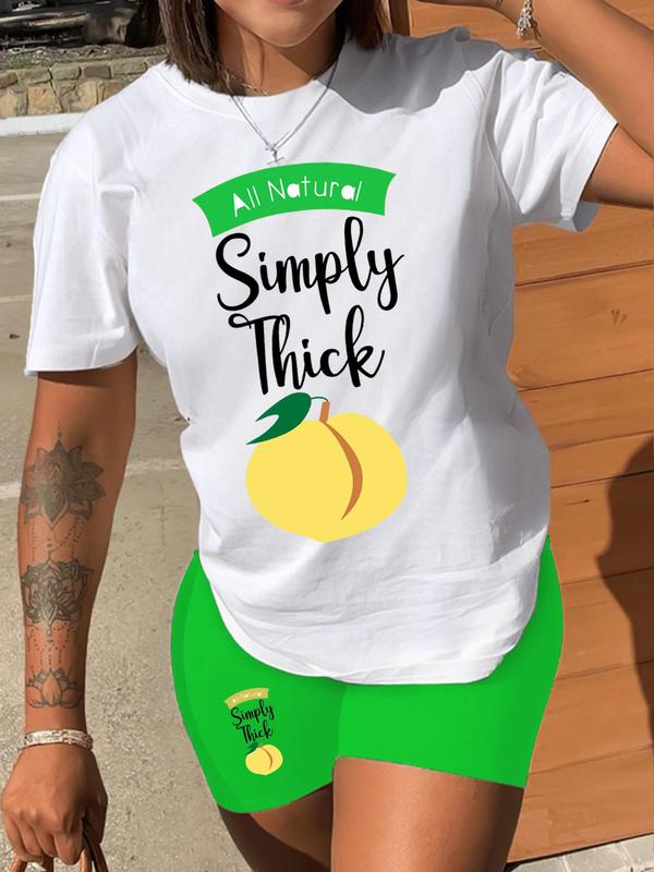 Two-Piece Set Women's Short Sleeve Graphic Tee & Skinny Shorts Matching Sets, Fruit Letter Print Round Neck T-shirt & Shorts Two Piece Set, Back-to-School Clothing, Casual Summer Outfits 2024 Sets for Daily Wear