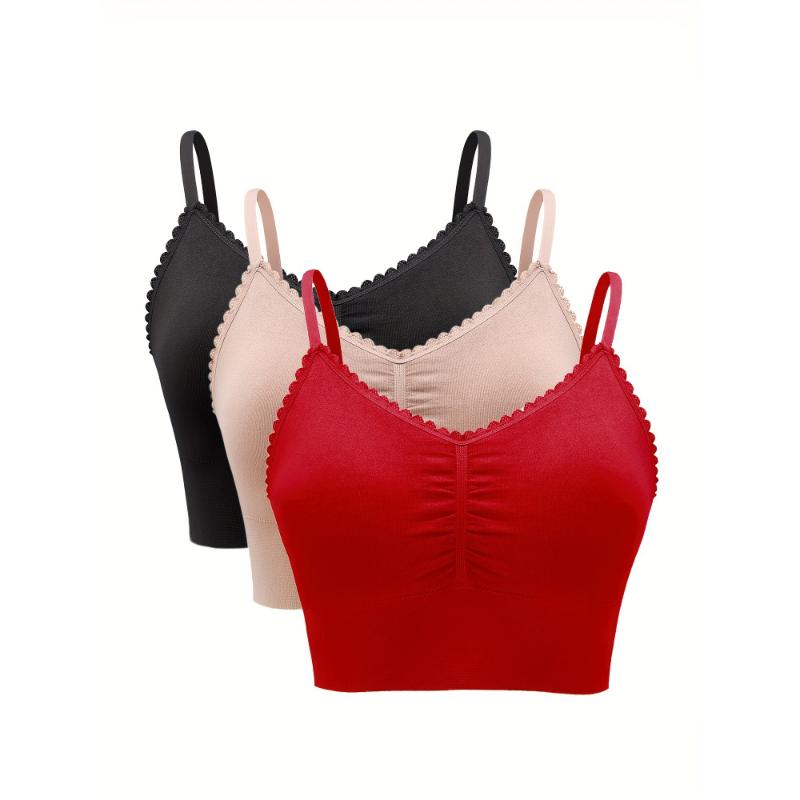 3 Pack Plus Size Casual Bra Set, Women's Plus Solid Ruched Wireless Padded Lace Bralette Three Piece Set