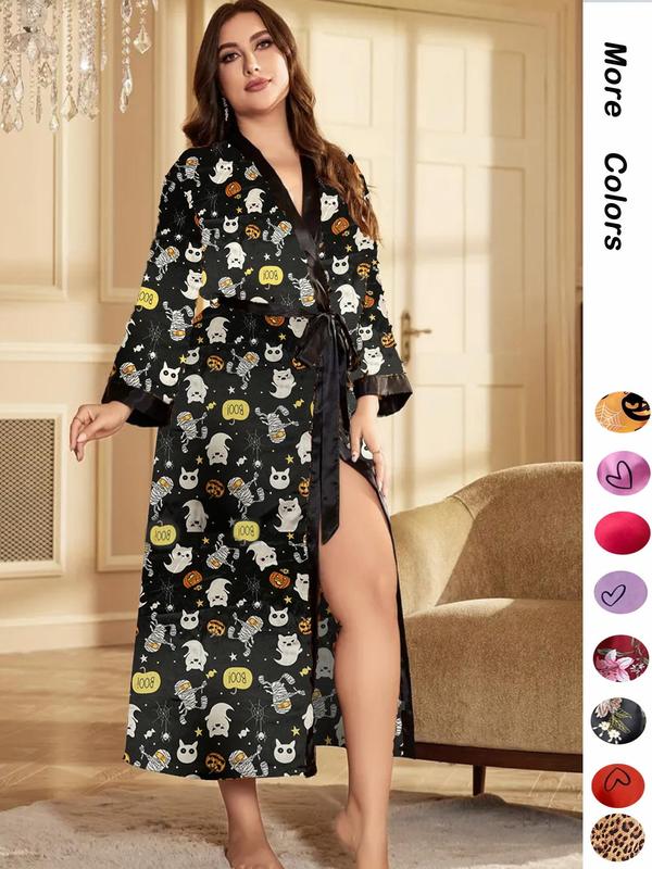 Women's Leopard Print Contrast Binding Robe, Fashion Pumpkin Printed Belted Stretch Satin Long Dressing Gown for Women, Satin Robe, Women Nightwear, Casual Ladies Sleepwear for All Seasons