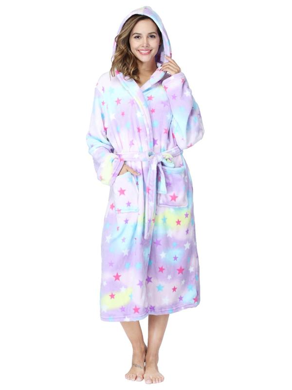 Women's All Over Print Flannel Hooded Robe, Fashion Dual Pocket Drop Shoulder Belted Bathrobe, Women's Sleepwear & Loungewear for Fall & Winter, Fall Wear, Fallfreshness