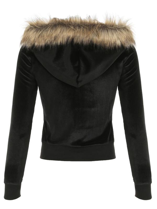 Women's Contrast Faux Fur Hooded Velvet Jacket, Casual Long Sleeve Zip Up Outerwear for Fall & Winter, Ladies Clothes for Daily Wear